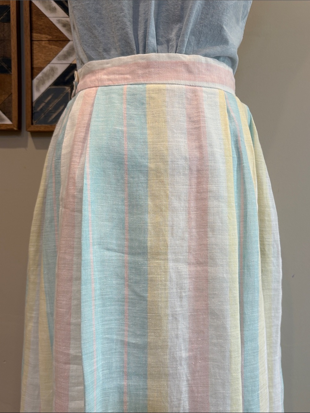 Vintage Tassels & Cuffs Corbin Ltd Striped Pastel Pleated Linen Skirt size Small - Picture 10 of 14